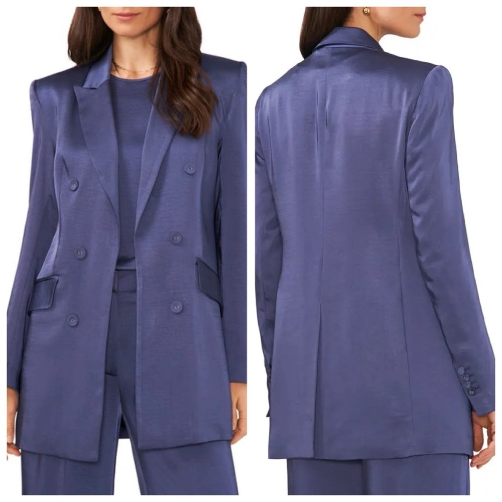 Vince Camuto Double Breasted Satin Longline Blazer Size 6 “Small” Dusk Blue